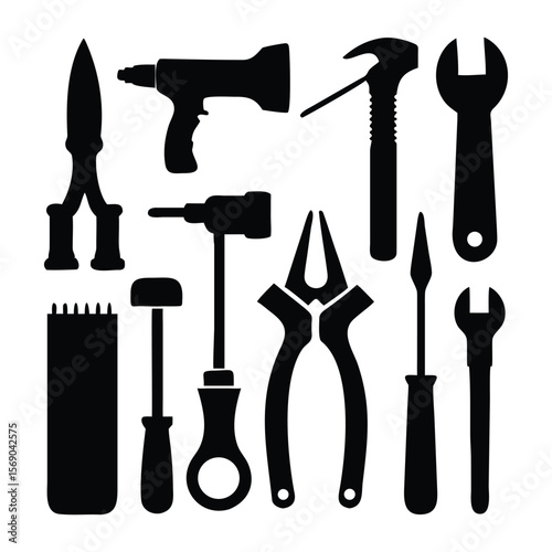 Black silhouette illustration of various construction tools and repair equipment isolated on white