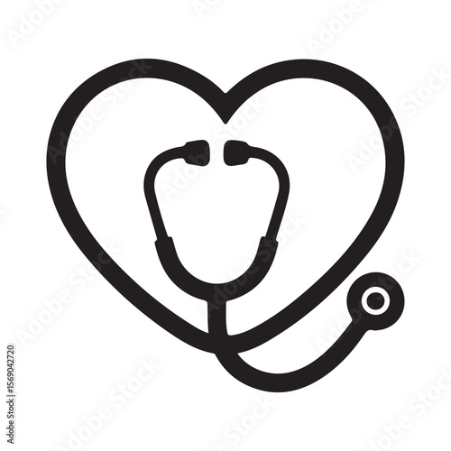 Black stethoscope inside heart outline graphic medical