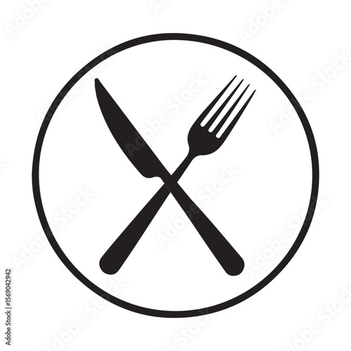 Black knife and fork crossed inside circle cutlery