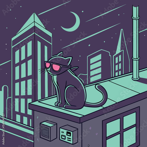 Cat with sunglasses sitting on a rooftop at night with city buildings and moon in the background