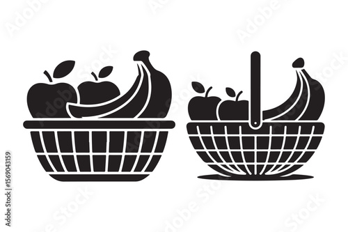 Two black silhouette fruit baskets with apples and bananas