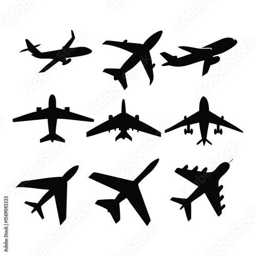 Airplane Icon Silhouette Set – Flat Style Aircraft Vector Collection