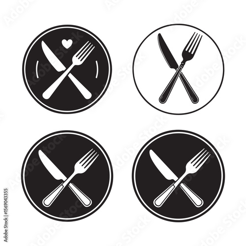 Four circular icons with crossed cutlery fork knife
