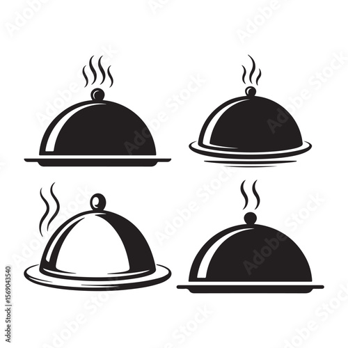 Four black food cloche icons with steam dish serving