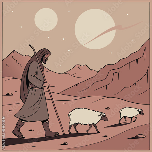 A shepherd walks with his sheep under a starry sky with mountains and two moons in the background art