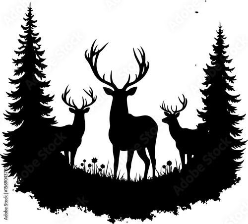 deer silhouettes, deer, animal, silhouette, vector, nature, reindeer, wild, stag, mammal, antler, wildlife, illustration, isolated, elk, forest, antlers, black, buck, cartoon, white, horn, animals, tr