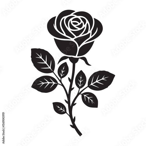 Black silhouette of a rose with leaves flower white