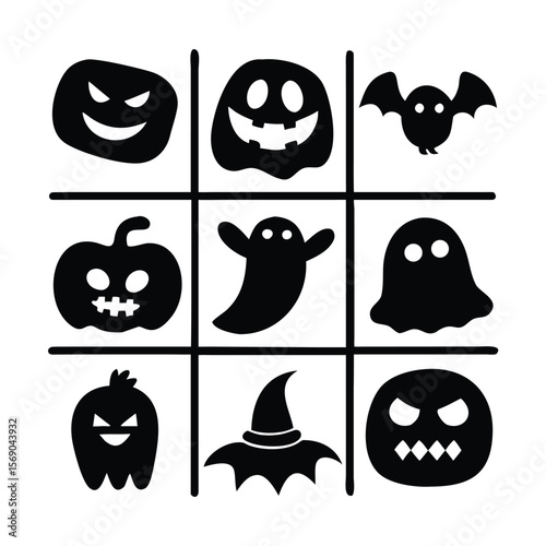 Halloween tic tac toe illustration featuring spooky silhouettes of classic holiday symbols