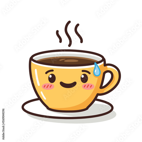 Cute smiling coffee cup with steam and sweat droplet  