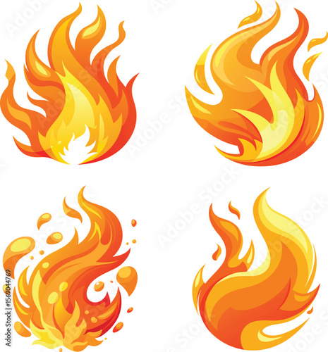 Set of stylized cartoon flames in various shapes and sizes on white background