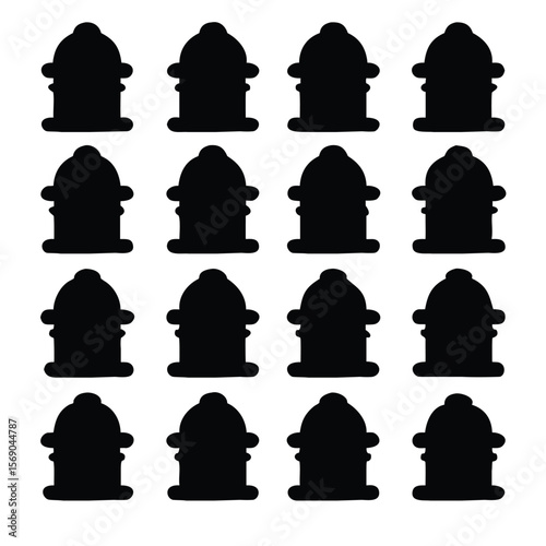 Grid arrangement of black silhouetted fire hydrants isolated on a white background