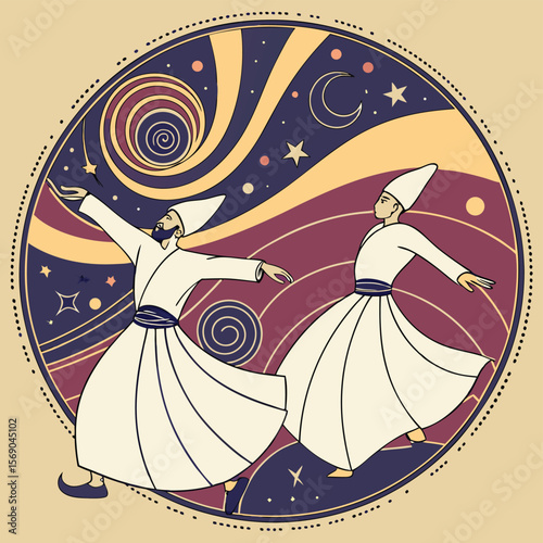 Illustration of two whirling dervishes in white robes dancing against a celestial background scene