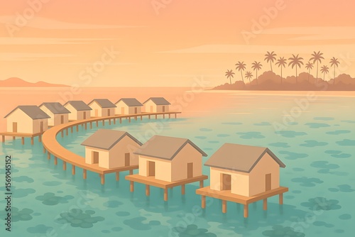 Overwater Bungalows Sunset Scene