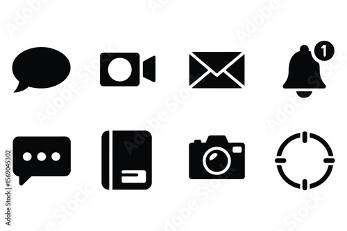 Black communication and media icons speech bubble video camera