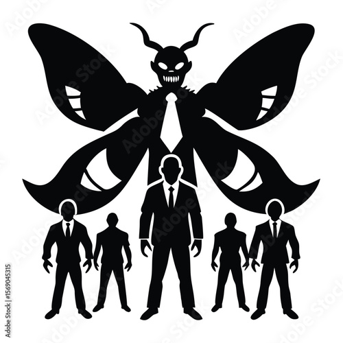 Conceptual illustration depicting a demonic figure leading business professionals in suits