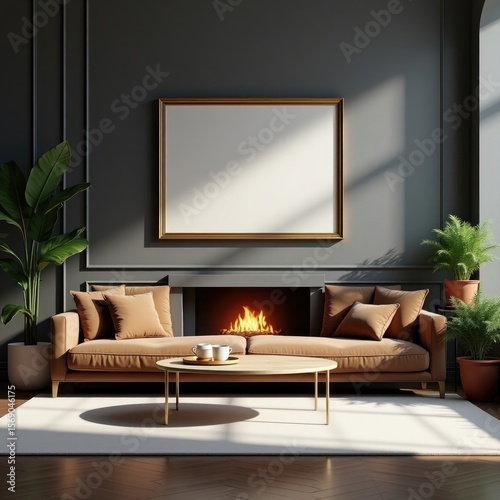 Modern living room decor with sofa fireplace and blank frame wall art interior design product view