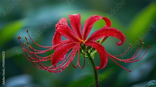 Crimson bloom glistening with dewdrops, a vibrant close-up flower shot