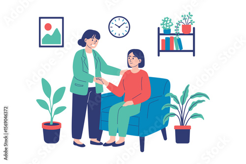 Therapist supporting woman in counseling session with indoor plants