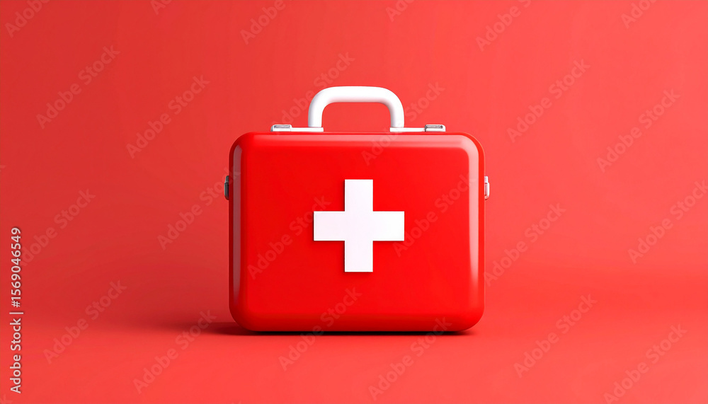 Obraz premium “Emergency Rescue Kit in 3D Style on Red Solid Background, Isolated”