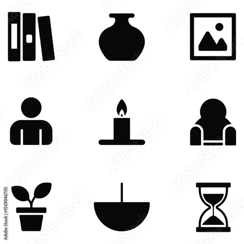 Collection of nine black icons white background books