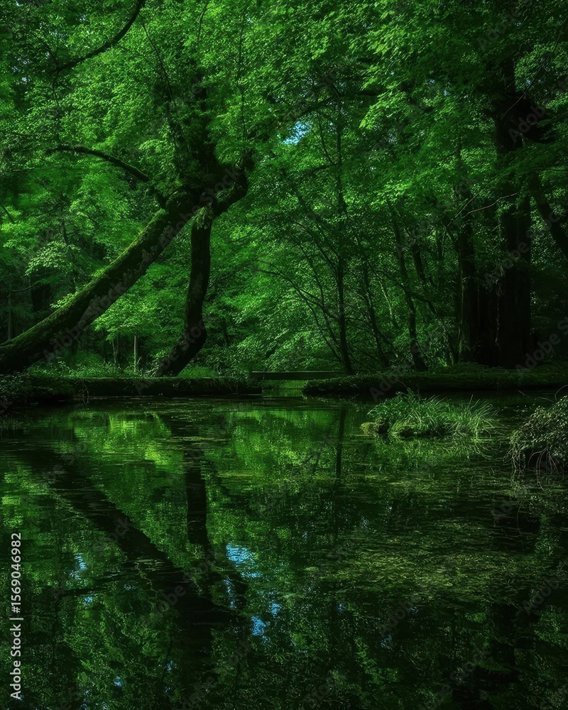 Obraz premium Serene Forest Pond Reflection: Lush Green Canopy, Tranquil Mood