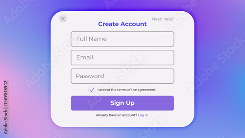 Register form with login and password fields. Vector illustration of sign up in user interfaces. Minimalistic registration screen for web.