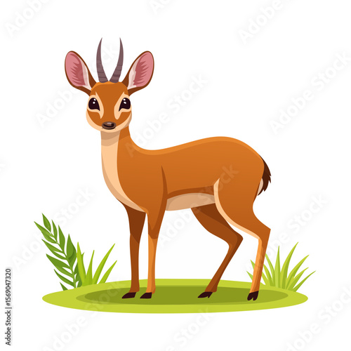 Cute Cartoon Dik-Dik Standing on Grassy Mound with Plants and Black Background