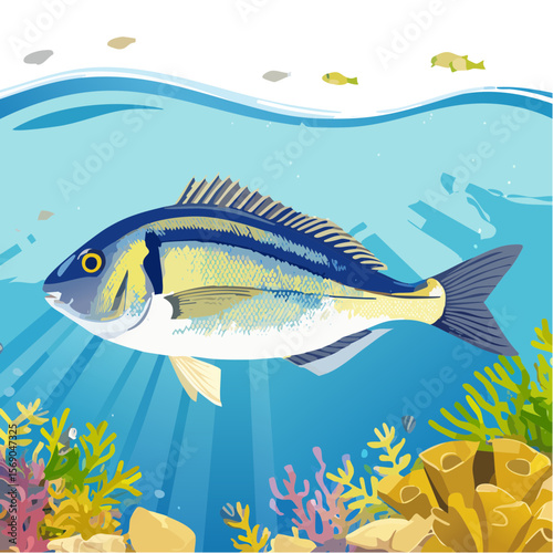 Illustration of a spangled emperor fish swimming in the sea.