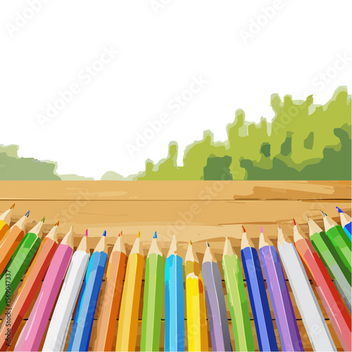Colored Pencils on a Wooden Table with a Green Background