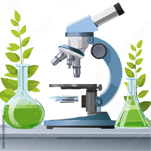 Microscope with beakers illustration for scientific or educational purposes