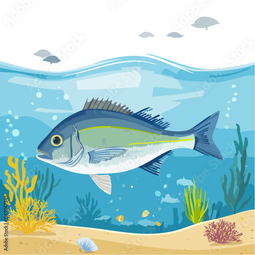 Underwater Scene with Fish, Seaweed, and Sandy Seabed Illustration