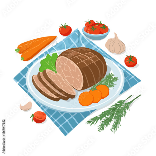 Roasted Meat with Vegetables Platter Illustration