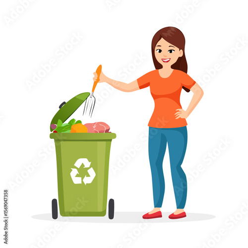 Woman throwing food waste into compost bin for recycling