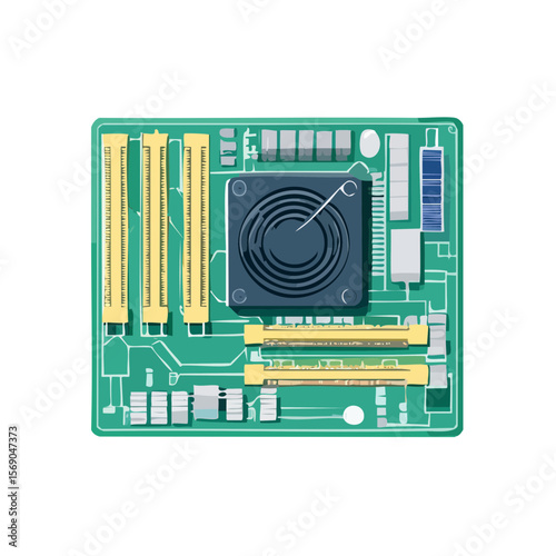 Illustration of a Computer Motherboard with Components and Cooling Fan