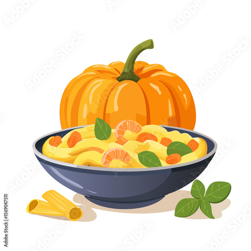 Pasta with pumpkin and shrimps with basil, fall seasonal cuisine