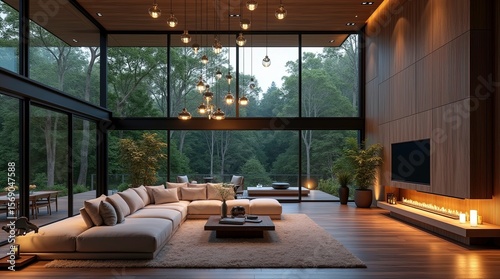 Fototapeta Naklejka Na Ścianę i Meble -  Large bright living room with large windows. Modern and luxury design elements. 3d renders