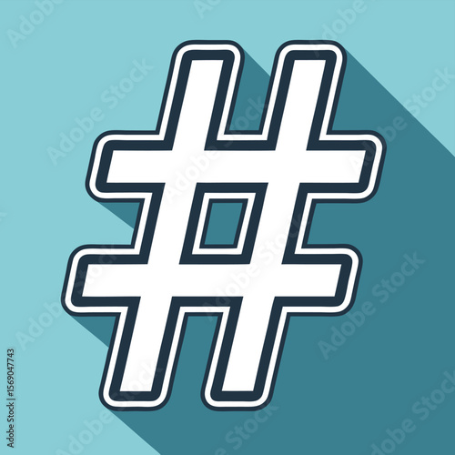 Illustration of a stylized hashtag symbol with a long shadow over a light blue background design
