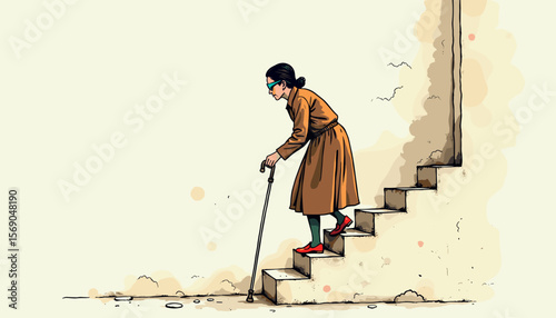 Elderly woman carefully navigating stairs with a cane