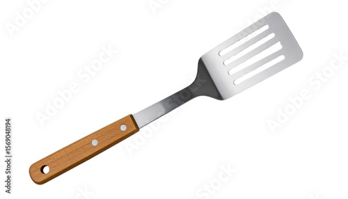 A  stainless steel spatula with a wooden handle. designed for flipping or serving food its flat. wide blade makes it ideal for grilling. cooking. or baking. providing a practical tool for various .