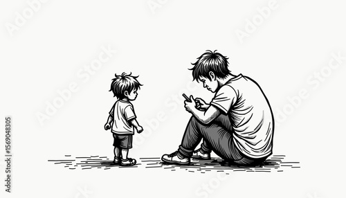 Father and child interacting while using a smartphone