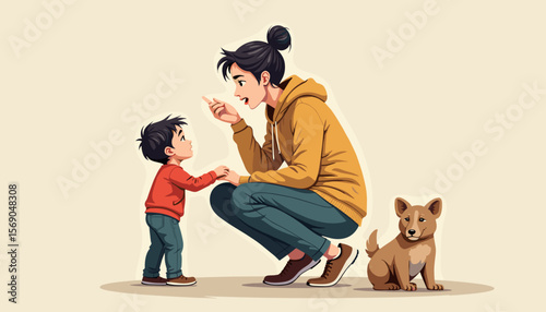 Mother interacting with child and dog indoors