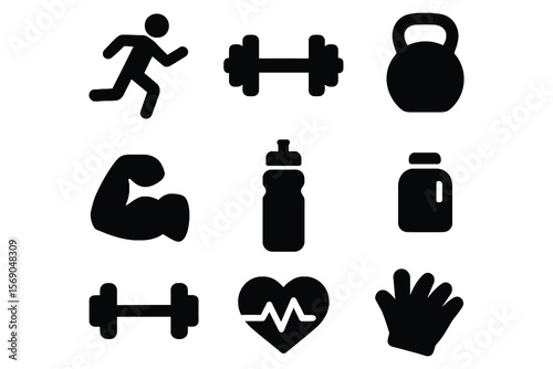 Fitness icons runner dumbbell kettlebell muscle bottle