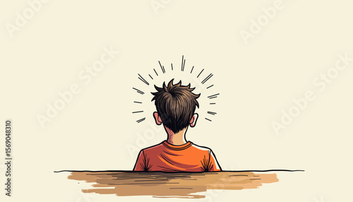 Boy with thoughtful expression sitting against plain background