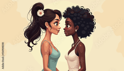 Two women smiling at each other with a soft background