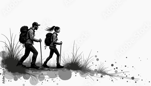 Couple hiking on a trail in black and white illustration