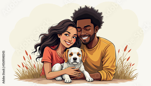Couple smiling with pet dog in grassy field