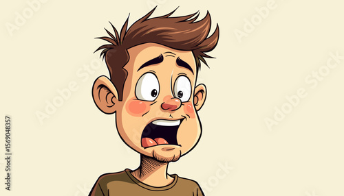 Surprised cartoon boy with wide eyes and open mouth against a neutral background