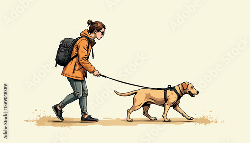 Person walking happy dog on sandy path