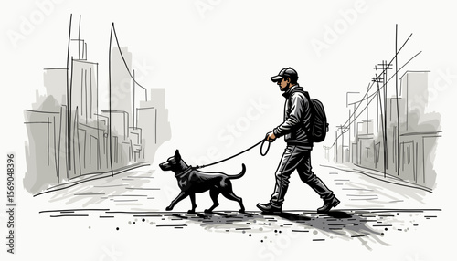 Man walking a dog in urban setting