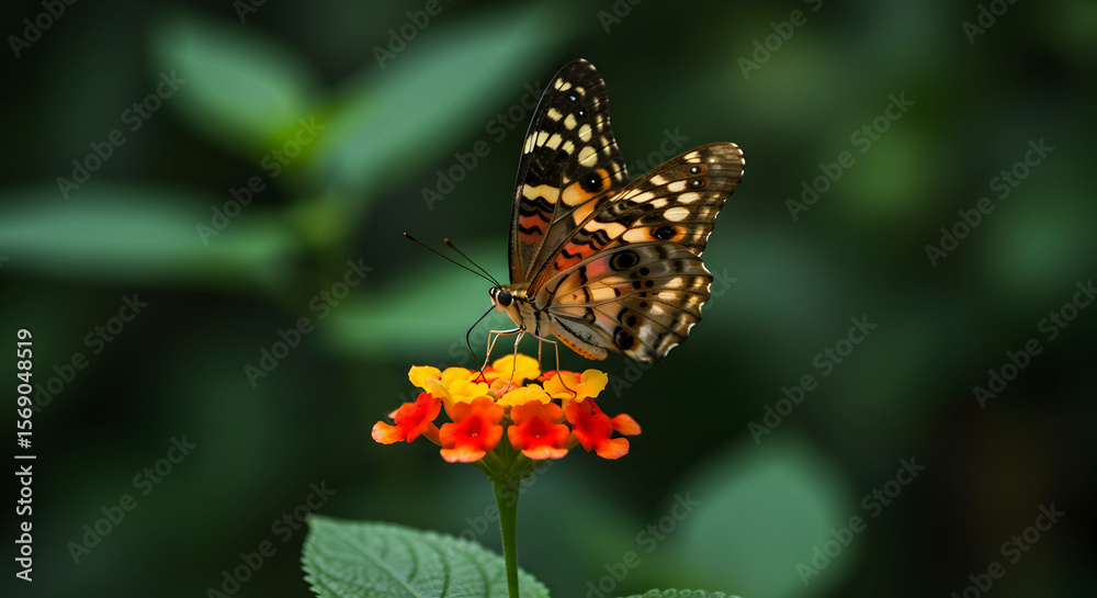 Obraz premium Brown Butterfly on Vibrant Lantana Flowers